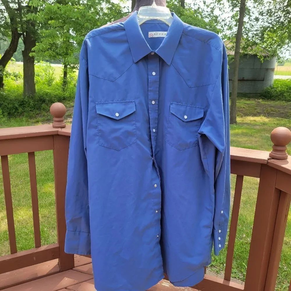 Roper Men's Blue Solid Long Sleeve Western Snap Button Down Shirts Size XLT